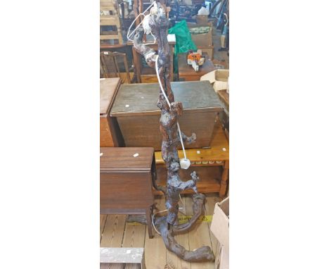 A rustic knurled wood rootstock lamp standard with heavy woven wire shade - for re-fitting