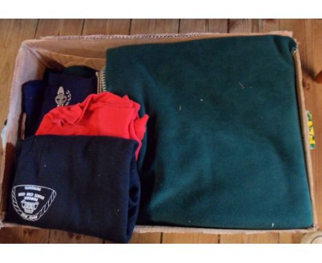 A box containing a quantity of Morgan Sports Car Club related items including sweatshirts, throws, etc.