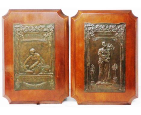 Hamo Thornycraft: a pair of Art Nouveau period cast bronze trophy plaques, each mounted on a mahogany plinth and decorated wi