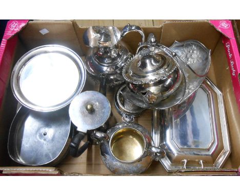 A box containing a quantity silver plated items including wine ewer, teapot and entree dish, etc.