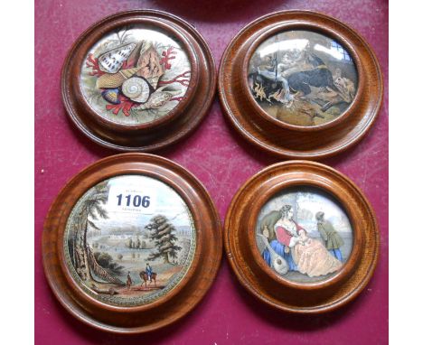 Four oak framed Prattware pot lids comprising Seaweed and Shells, A Pretty Kettle of Fish, Strathfieldsay and Lady, Boy &amp;