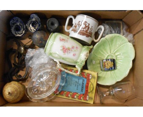 A box containing a quantity of ceramics, glass and other collectable items including 19th Century pub style rummer, Carltonwa