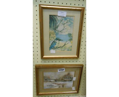 A framed and signed small watercolour, depicting a figure and dog in a winter setting - sold with a framed print