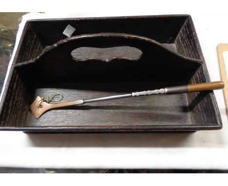 An antique oak cutlery tray - sold with an antique long handled heating tool with initials A.W.