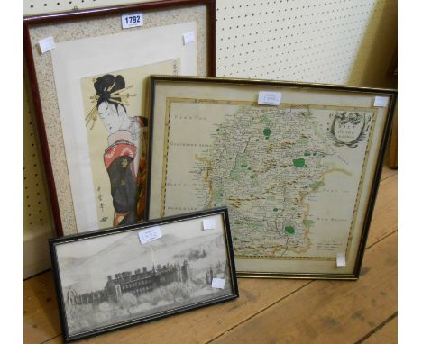 A framed map print of Wiltshire - sold with a Japanese coloured print depicting a Kabuki artist and a small pencil drawing of