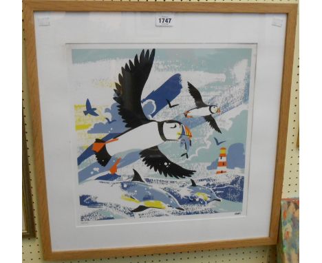 Matt Johnson: a framed coloured print entitled 'Puffins', depicting puffins in flight over dolphins - signed on margin