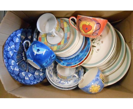 A box containing a quantity of assorted ceramic items including Whittard of Chelsea oversized cups, Alfred Meakin Palma, etc.