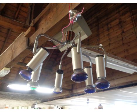 A Philips Mid-Century modern six branch hanging ceiling light with chrome plated finish, central rosewood boss, each branch h