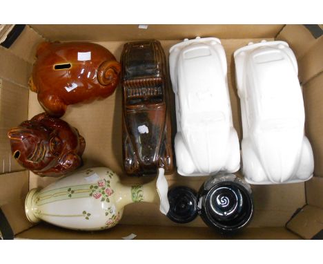 A box containing a quantity of assorted items including ceramic car models, vase, etc.