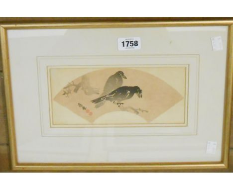 A framed late 19th Century Japanese woodblock print, depicting a fan with crows - Meiji period