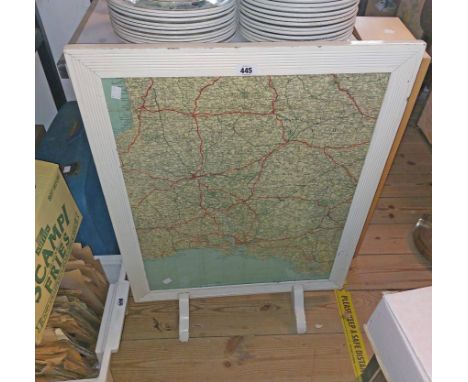 A vintage painted wood fire screen with Devon and part of Cornwall map print under glass
