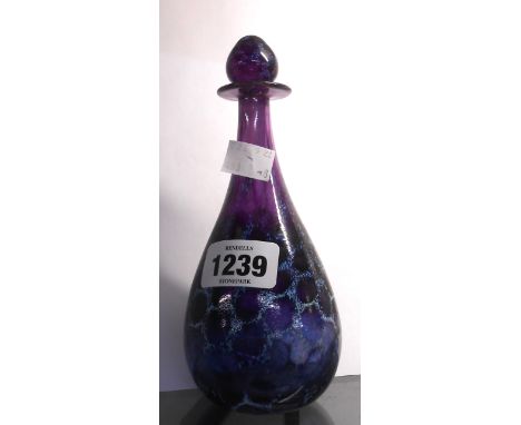 A Siddy Langley art glass scent bottle of elongated teardrop form with internal white enamel honeycomb pattern on a purple gl
