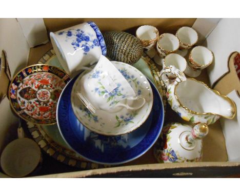 A box containing a quantity of assorted ceramic items including Royal Crown Derby coffee cup and saucer, Royal Doulton blue a