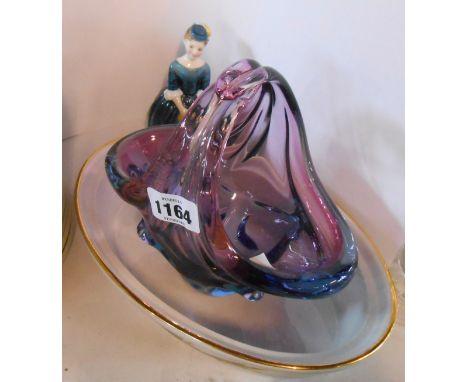 An art glass free form basket with blue and purple decoration - sold with a Royal Doulton figurine Cherie HN2341 and a Royal 