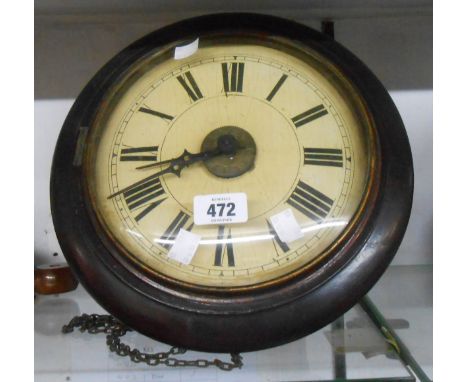 An antique stained wood cased postman's alarm wall clock, with single weight and bell striking movement - no pendulum a/f