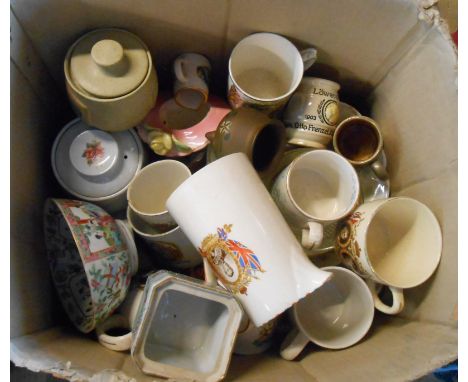 A box containing a quantity of assorted ceramic items including commemorative mugs, Chinese famille rose bowl, etc. - various