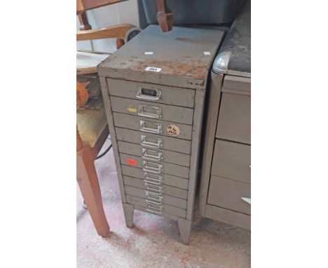 A vintage Bisley small grey painted metal fining cabinet with flight of ten drawers