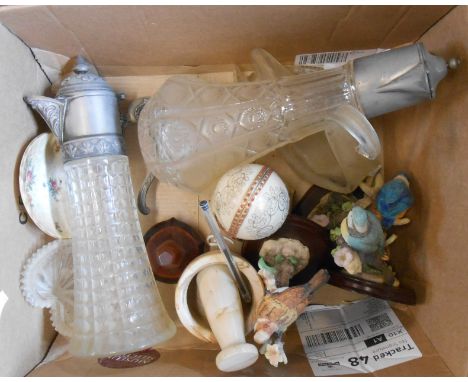 A box containing a quantity of assorted ceramic and glass items included silver plated claret jugs, etc.