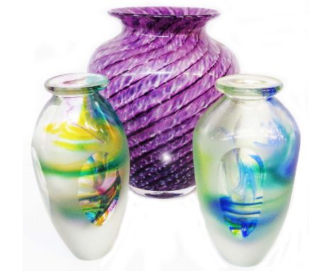 Two Jane Charles art glass Tidal vases with internal enamel decoration, cut and polished windows and a frosted finish - sold 