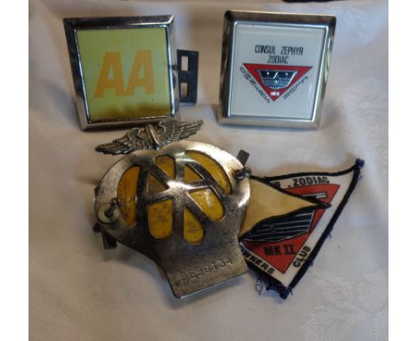 A bag containing assorted car badges comprising two AA badges, Consul Zephyr Zodiac Owner's Club car badge and sew on patch