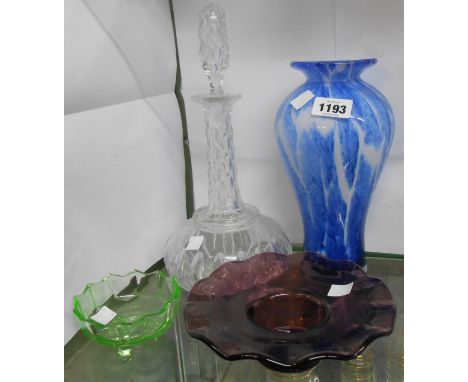 A small selection of assorted glassware comprising blue and white mottled internal enamel art glass vase, late Victorian cut 