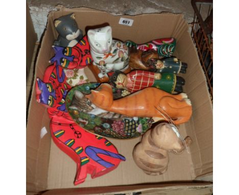 A box containing a quantity of wooden, ceramic and other cat models - sold with a ceramic cat plate