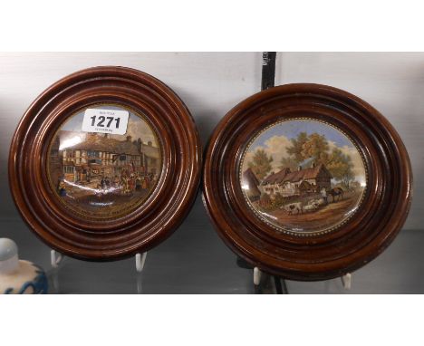 A pair of oak framed Victorian Prattware pot lids entitled Shakepeare's House, Henley Street, Stratford-On-Avon and The Resid