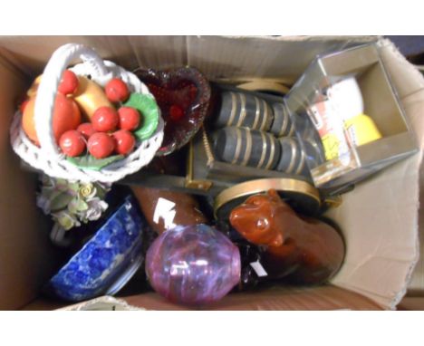 A box containing a quantity of assorted ceramic and glass items including Bunnykins moneybox, horse figurine, etc.