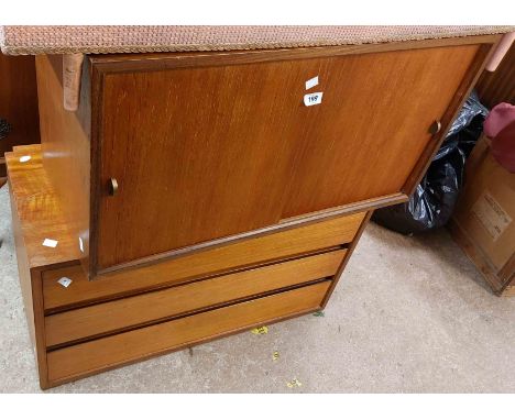 Two 80cm retro teak effect wall system cabinets, one with slides and shelf enclosed by a pair of sliding doors, the other a t