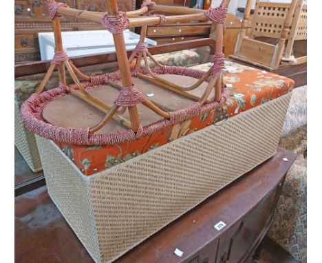 A vintage ottoman chest with woven cane cladding - legs missing - sold with a stained string bound cane table