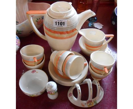 A Wedgwood &amp; Co. Ltd. Art Deco coffee set comprising coffee pot, cream and sugar and six cups and saucers decorated with 