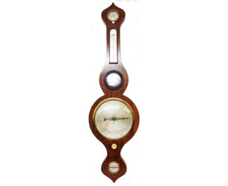 A 19th Century rosewood cased banjo barometer/thermometer with storm dial to top, small convex mirror and spirit level to bas