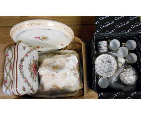 A box containing a Victorian cheese dish of shell form with grotesque fish handle, a modern ceramic lidded box and a ceramic 