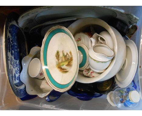 A crate containing a quantity of assorted ceramic and other collectable items including blue and white meat plates, framed mi
