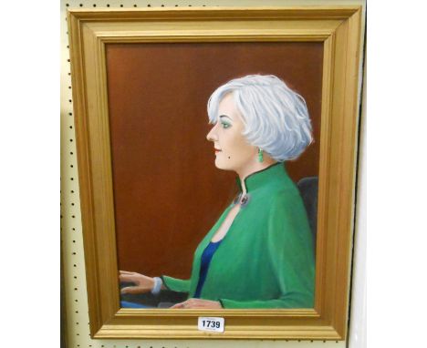A modern gilt framed oil on canvas board profile portrait of a seated lady - inscribed verso Vera Willoughby 1939