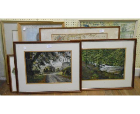 Dorothea Hyde: a pair of framed watercolours, one depicting rural buildings, the other a river landscape - sold with a floral