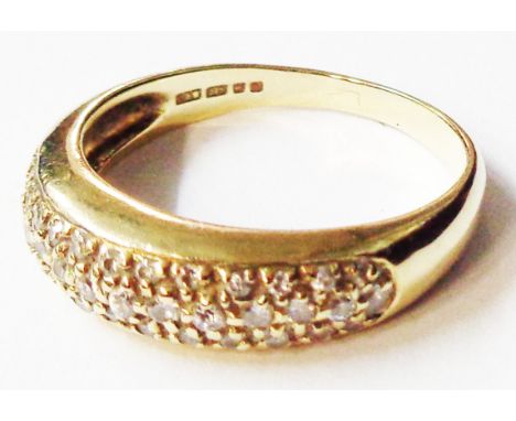 A marked 375 yellow metal band with tiny diamond encrusted top - boxed