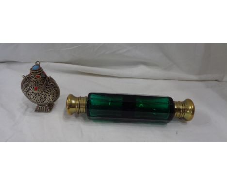 A brass capped green glass double ended scent bottle - sold with a decorative Eastern white metal and enamel beaded snuff bot