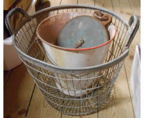 A vintage wirework basket, an enamel bucket and a Salter's brass faced scale