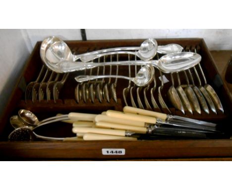An oak cutlery tray containing a quantity of Elkington &amp; Co. silver plated cutlery with 'XXXVI' Roman numerals to termina