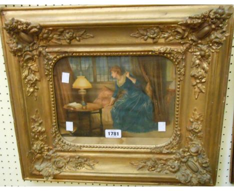 An ornate gilt framed reproduction coloured print, depicting a lady in an interior