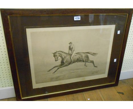 Basil Nightingale: an oak framed monochrome racehorse print entitled 'The Preliminary' and inscribed on mount 'Atcher on Ormo