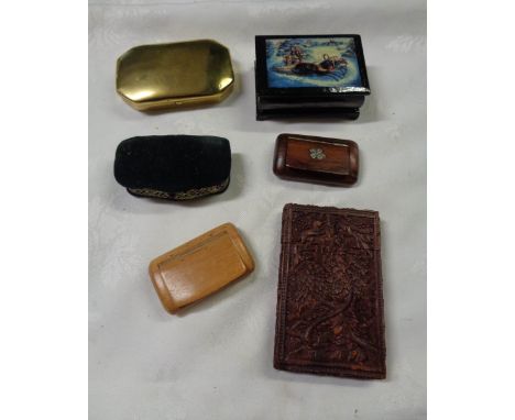A collection of small boxes including carved wood card case, brass and wooden snuff boxes, Russian lacquered box, etc.