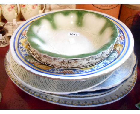 A small selection of ceramic items comprising assorted blue and white and other meat platters, plates, tin glazed charger, et