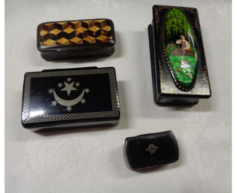 An antique horn snuff box with parquetry top - sold with papier mache and a Russian lacquered example