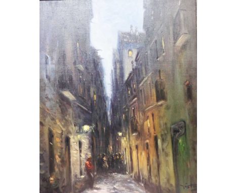 A framed oil on canvas, depicting an Amsterdam 'Red Light District' back street scene - signed - 70cm X 58cm