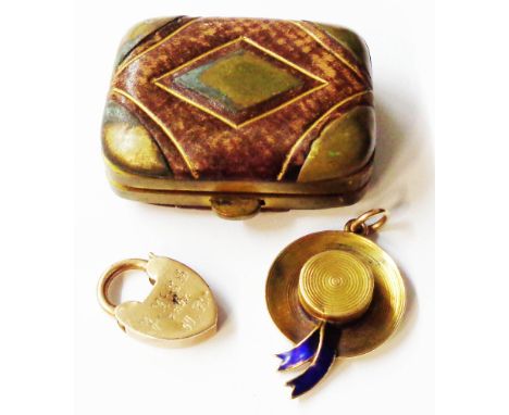 An enamelled yellow metal sailor's hat fob compass frame, 9ct heart shaped locket and old coin purse