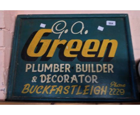 A vintage painted trade sign for G.A. Green, Plumber, Builder &amp; Decorator