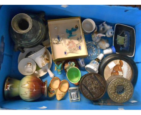 A crate containing a quantity of assorted ceramic and other collectable items including framed Prattware pot lid The Snowdrif