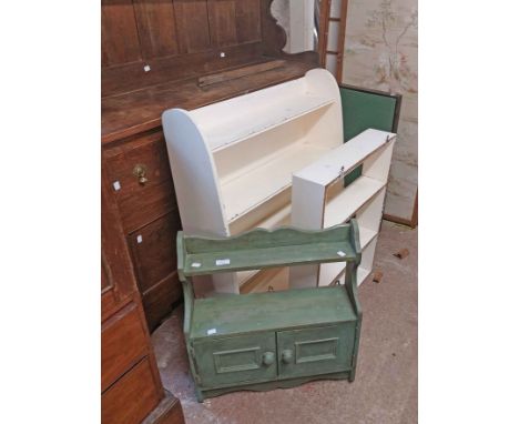 A painted white bookshelf - sold with a similar smaller shelf and a green painted wall unit